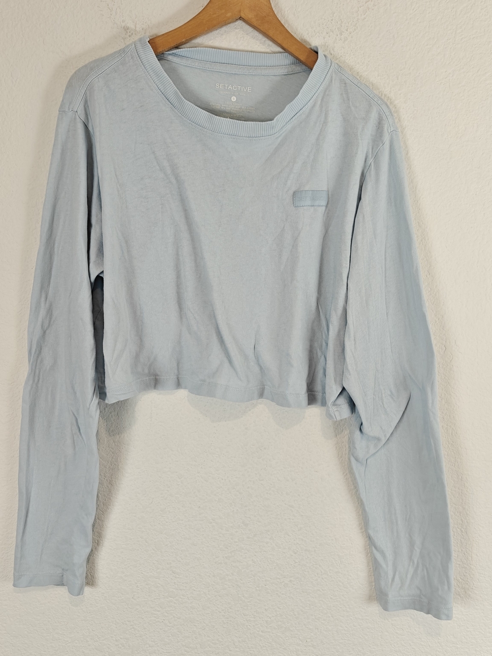 SET Active Light Blue Cropped Long Sleeve Logo Tee Top Small